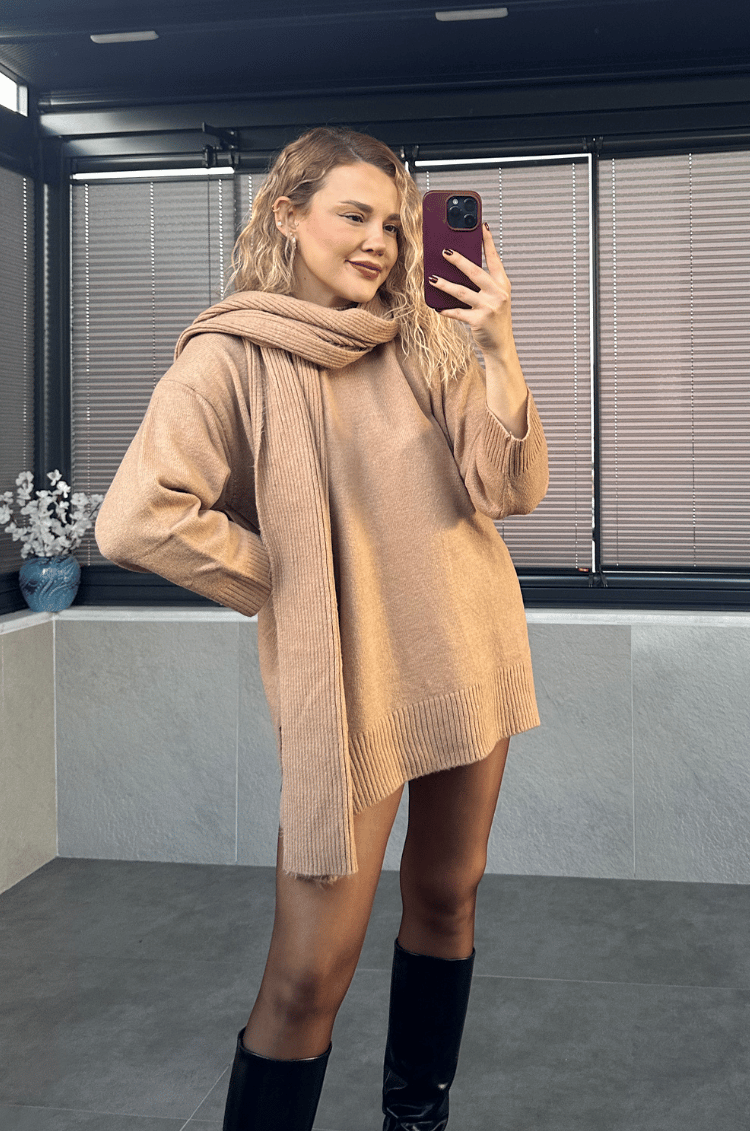 Camel Bisiklet Yaka Atkılı Oversize Kazak