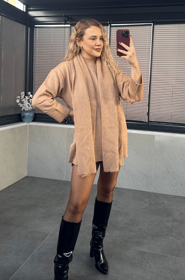 Camel Bisiklet Yaka Atkılı Oversize Kazak