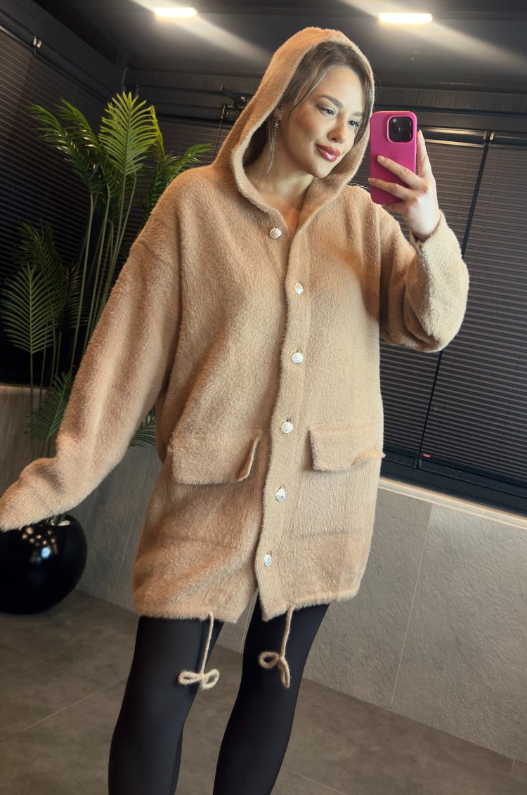 Camel Kapüşonlu Cep Detaylı Peluş Uzun Hırka