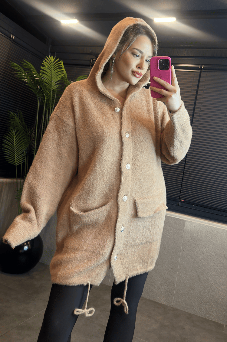 Camel Kapüşonlu Cep Detaylı Peluş Uzun Hırka