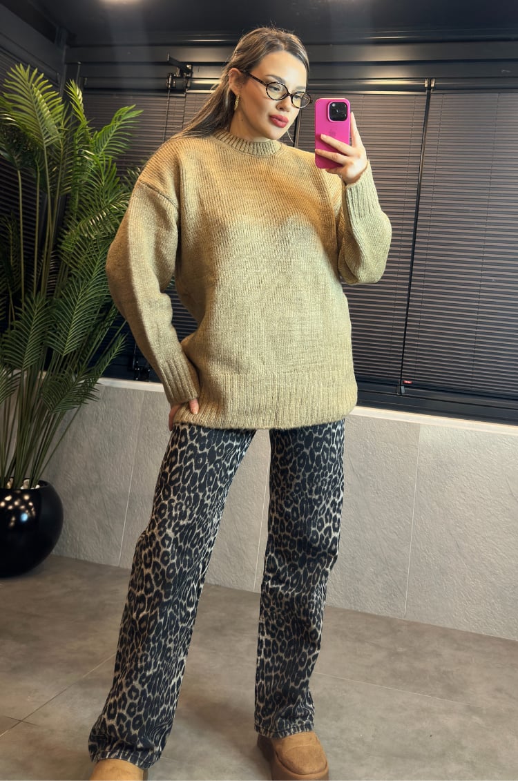 Camel Oversize Bisiklet Yaka Yumoş Uzun Kazak