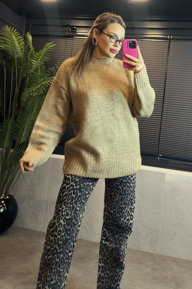 Camel Oversize Bisiklet Yaka Yumoş Uzun Kazak