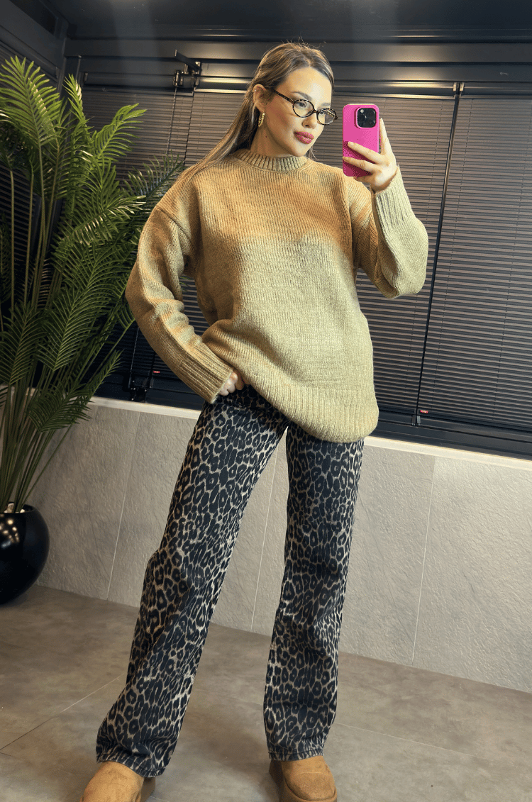 Camel Oversize Bisiklet Yaka Yumoş Uzun Kazak