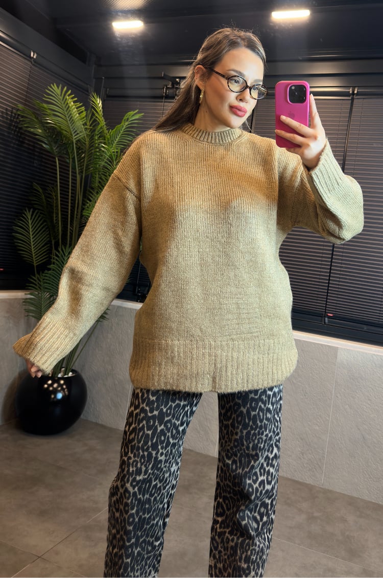 Camel Oversize Bisiklet Yaka Yumoş Uzun Kazak