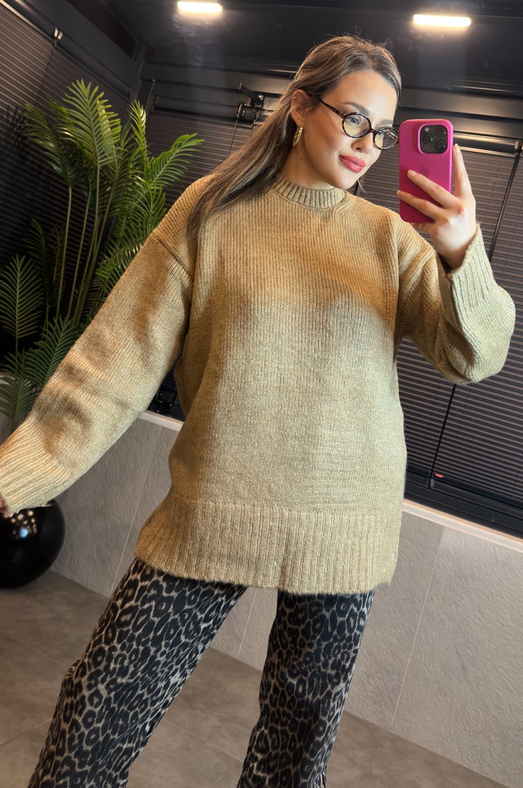 Camel Oversize Bisiklet Yaka Yumoş Uzun Kazak
