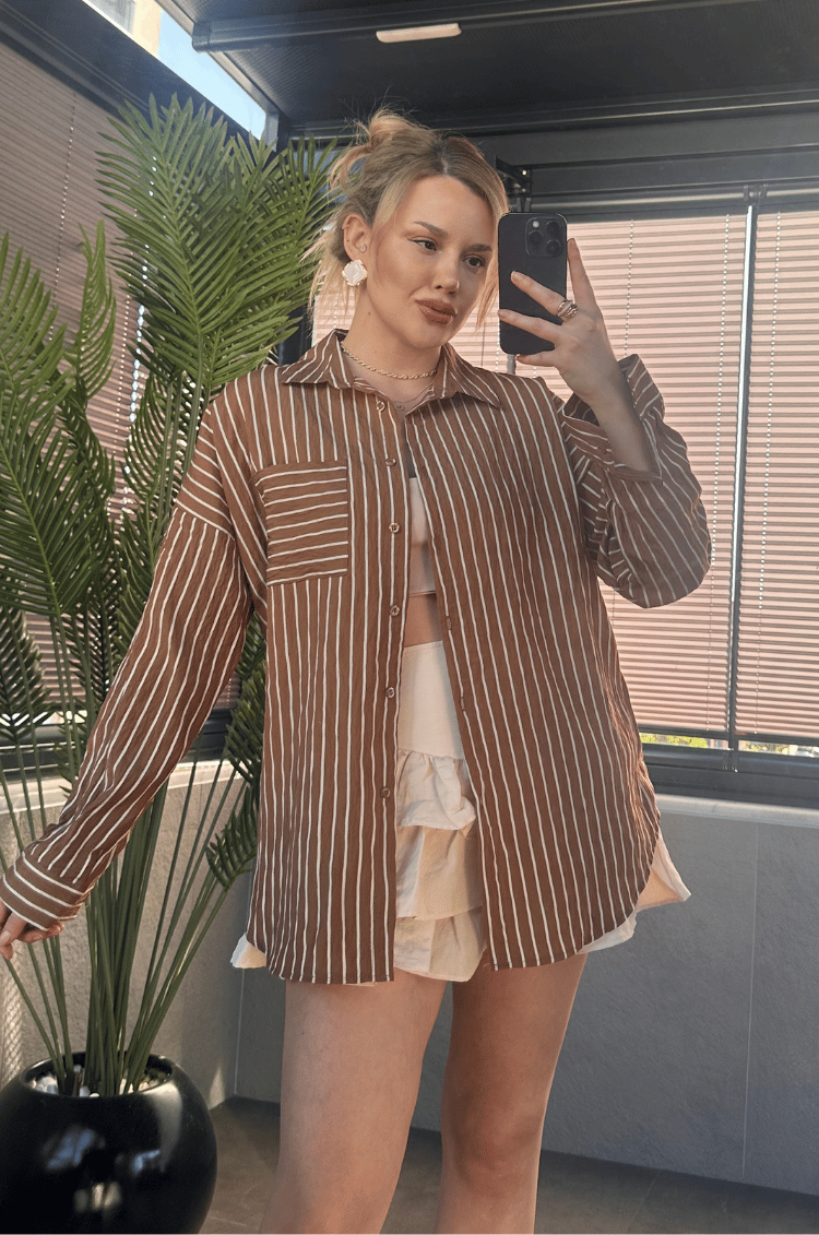 Camel Tek Cepli Çizgili Oversize Modal Gömlek