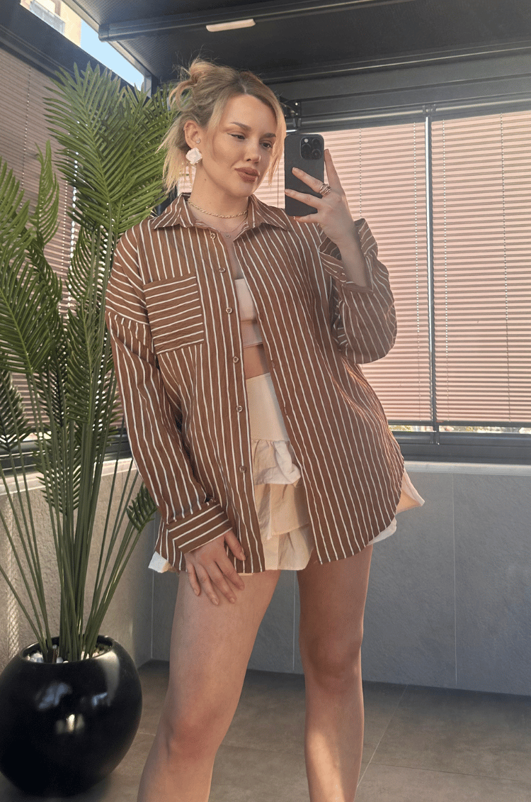Camel Tek Cepli Çizgili Oversize Modal Gömlek