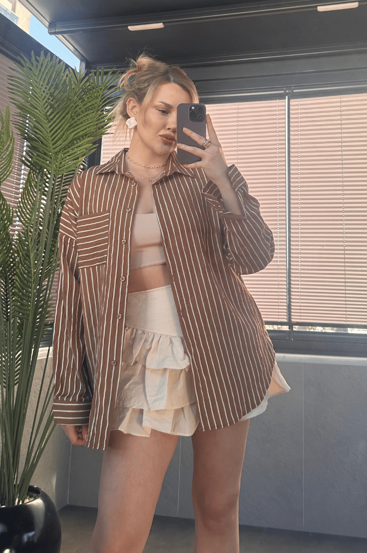 Camel Tek Cepli Çizgili Oversize Modal Gömlek