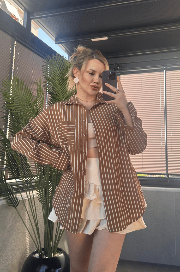 Camel Tek Cepli Çizgili Oversize Modal Gömlek
