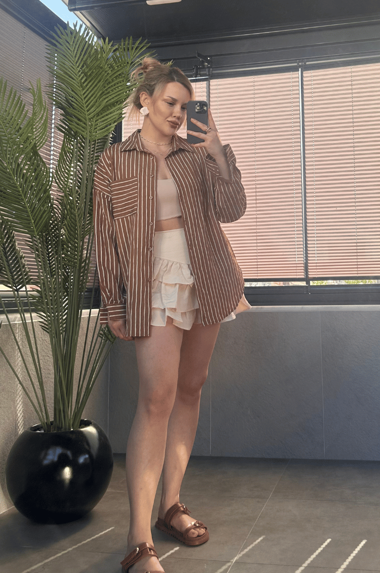 Camel Tek Cepli Çizgili Oversize Modal Gömlek