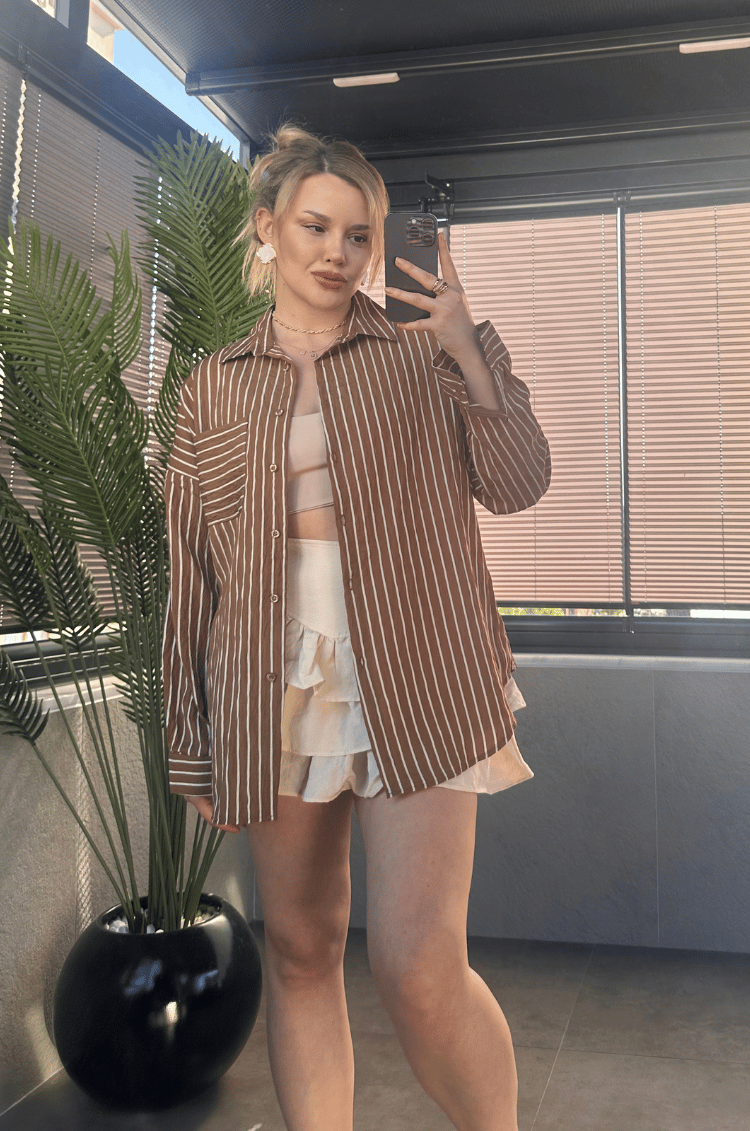 Camel Tek Cepli Çizgili Oversize Modal Gömlek