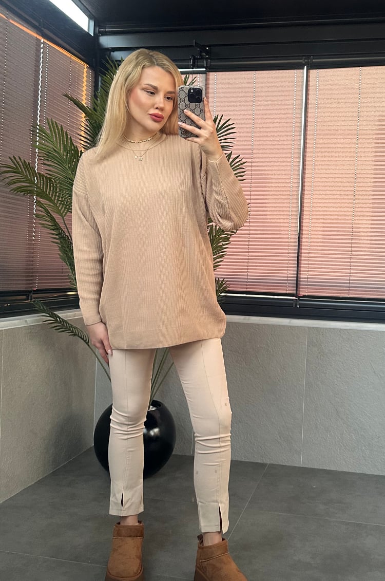 Camel Yarı Boğazlı Fitilli Oversize Kazak