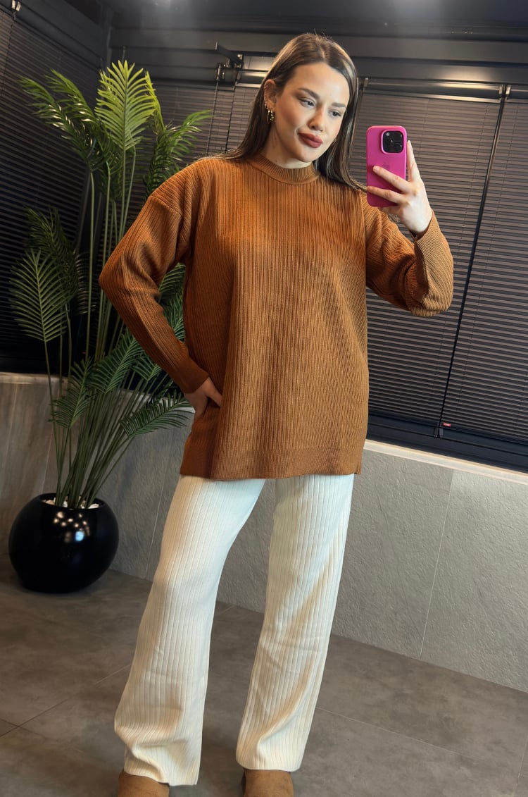 Camel Yarı Boğazlı Fitilli Oversize Kazak 