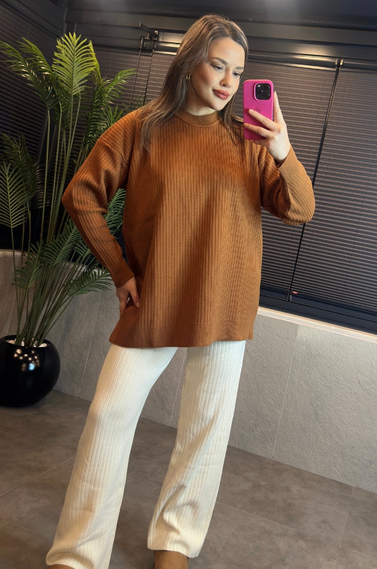 Camel Yarı Boğazlı Fitilli Oversize Kazak 