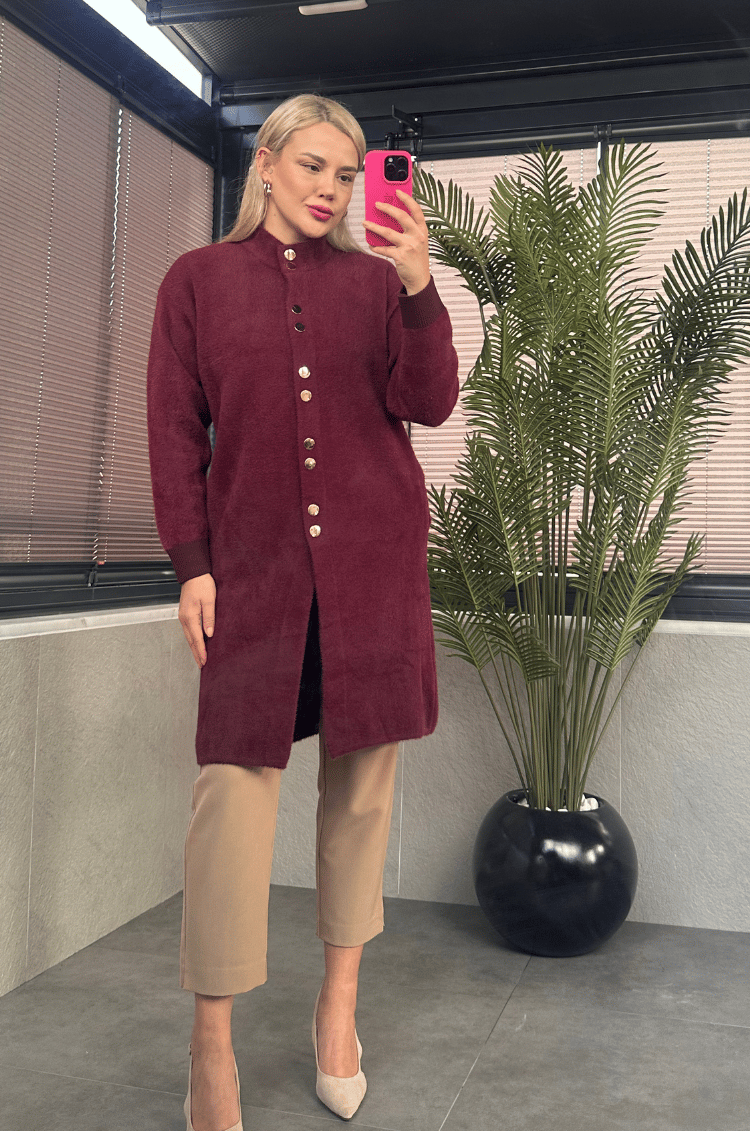 Çıtçıt Düğmeli Cep Detaylı Uzun Sakallı Bordo Hırka