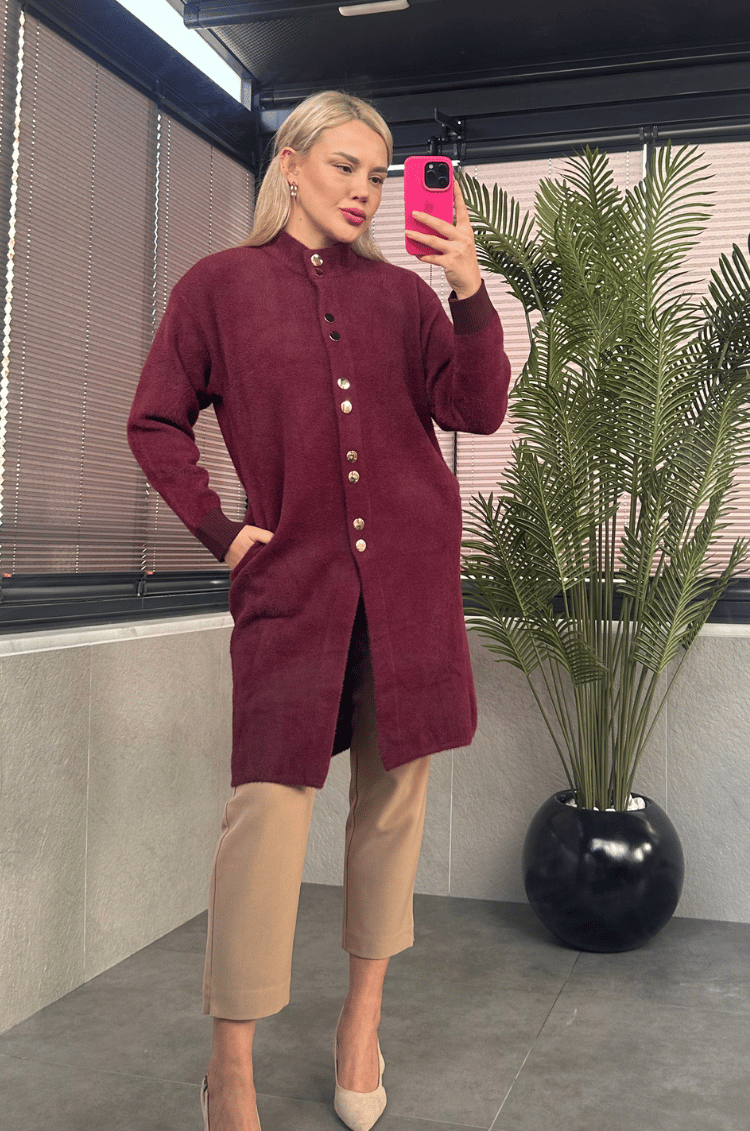 Çıtçıt Düğmeli Cep Detaylı Uzun Sakallı Bordo Hırka
