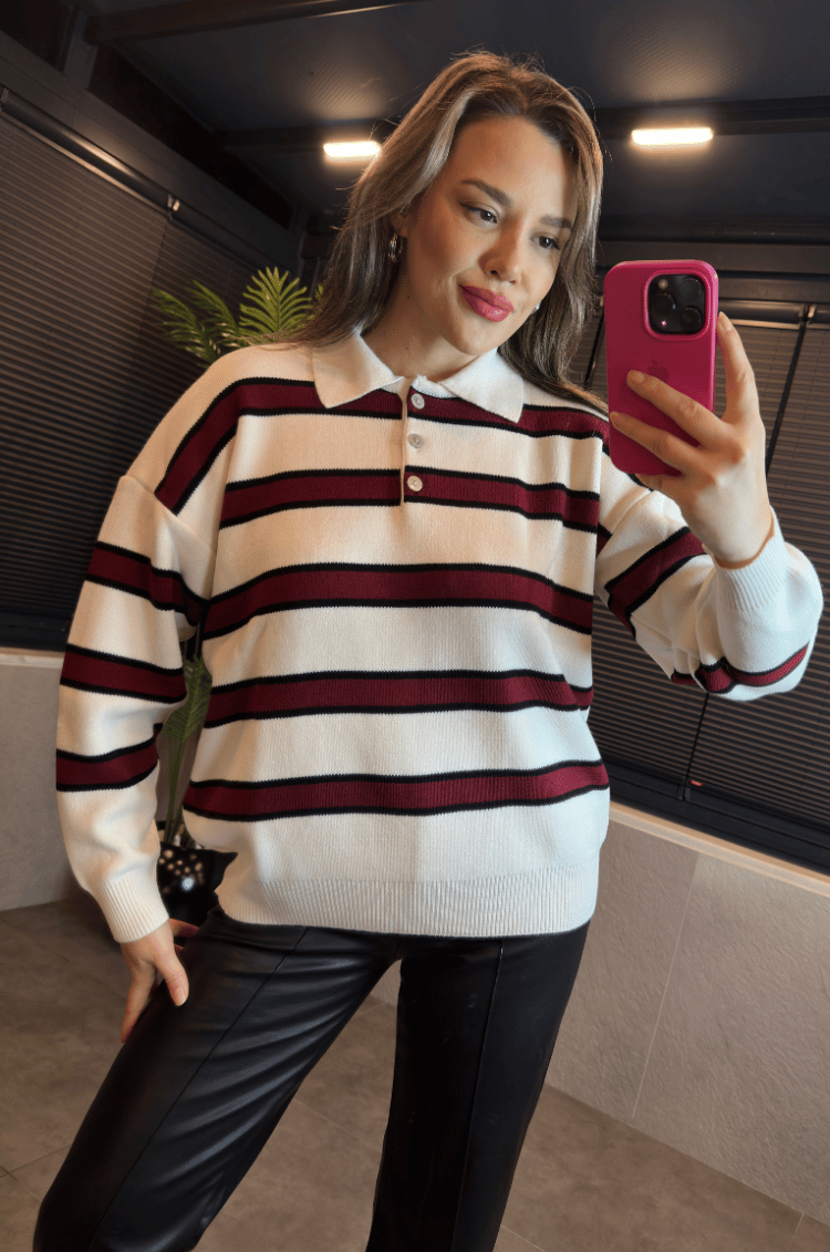 Ekru-Bordo Çizgili Polo Yaka Kazak