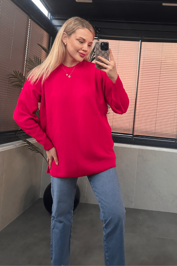 Fuşya Rengi Yarı Boğazlı Oversize Kazak
