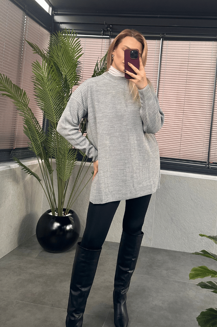 Gri Yarı Boğazlı Fitilli Oversize Kazak
