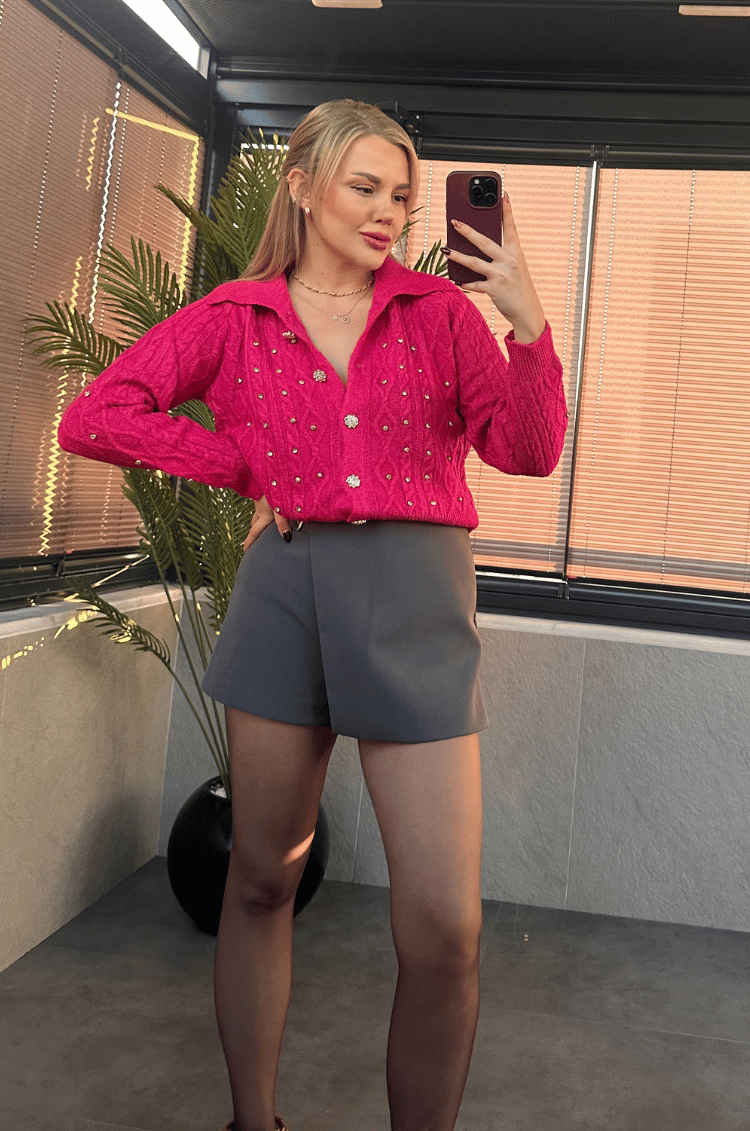 Gümüş İşlemeli Yaka Detaylı Pembe Örme Hırka