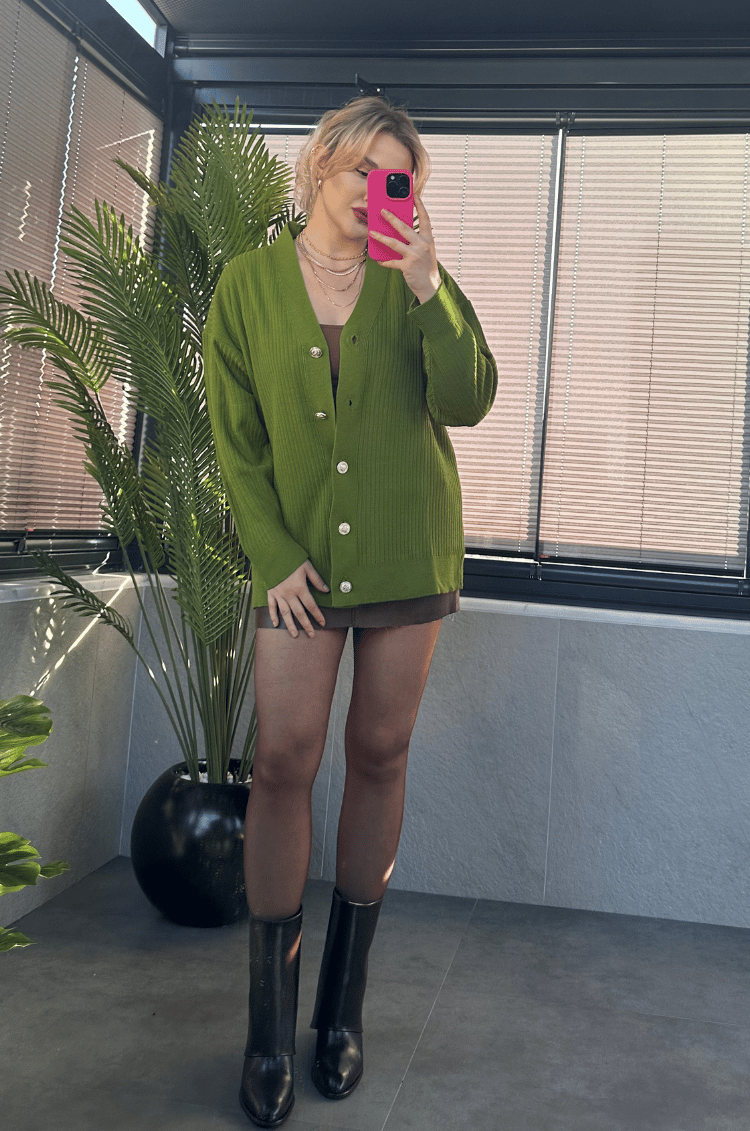 Haki Rengi Fitilli Oversize Basic Örme Hırka