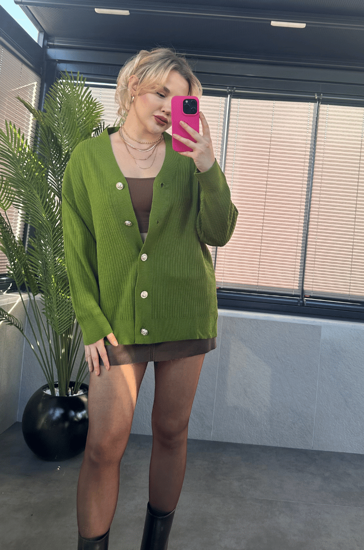 Haki Rengi Fitilli Oversize Basic Örme Hırka