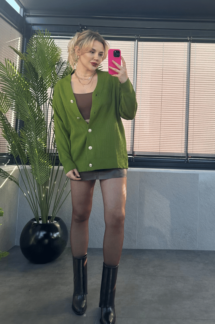 Haki Rengi Fitilli Oversize Basic Örme Hırka