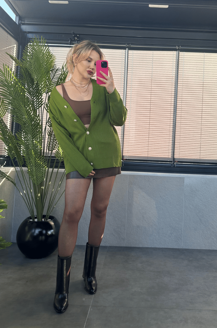 Haki Rengi Fitilli Oversize Basic Örme Hırka
