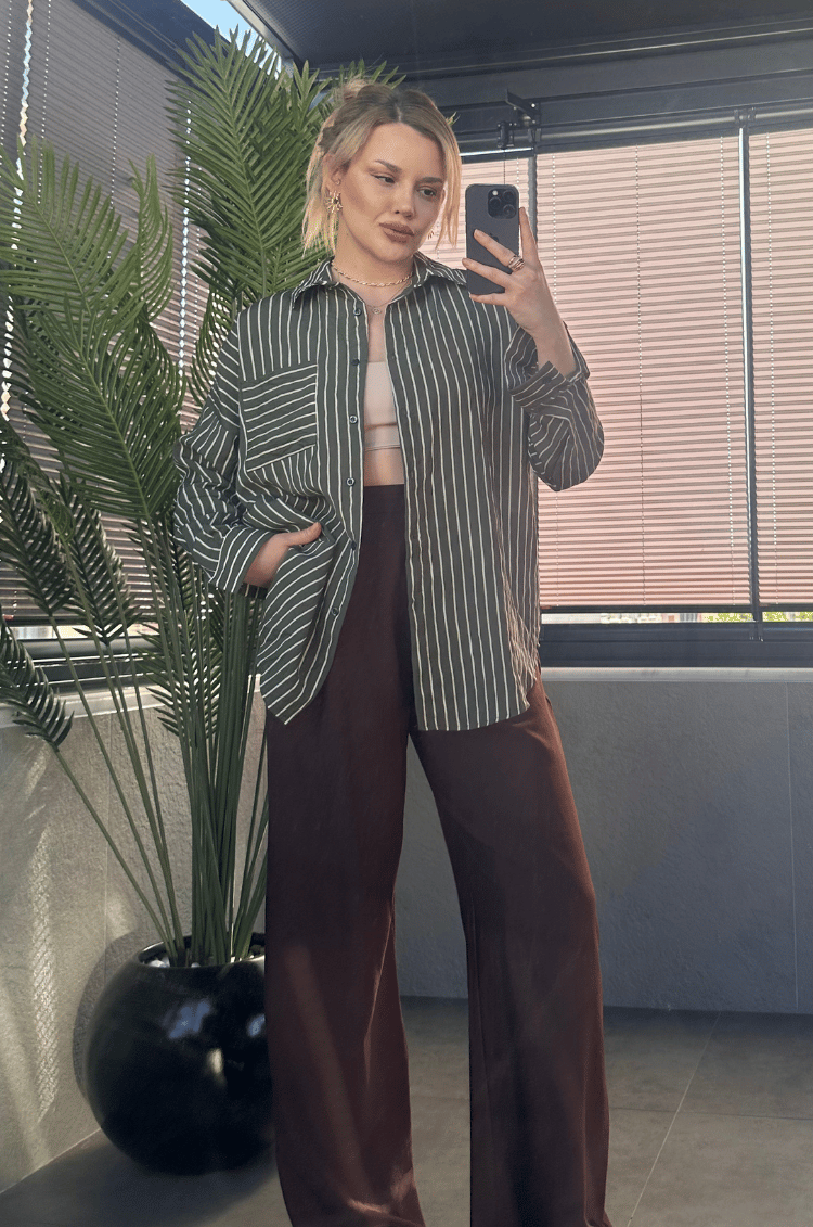 Haki Tek Cepli Çizgili Oversize Modal Gömlek