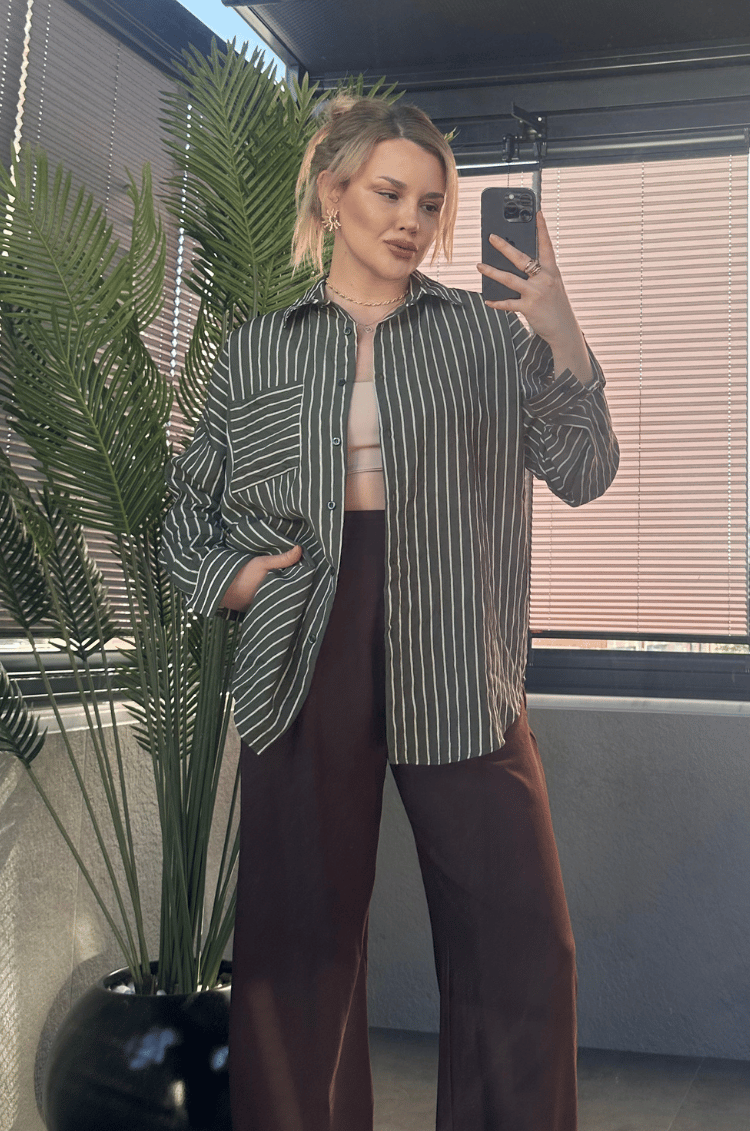 Haki Tek Cepli Çizgili Oversize Modal Gömlek