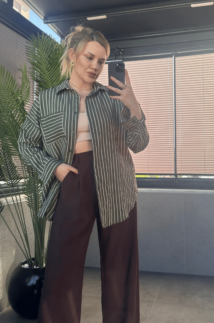 Haki Tek Cepli Çizgili Oversize Modal Gömlek