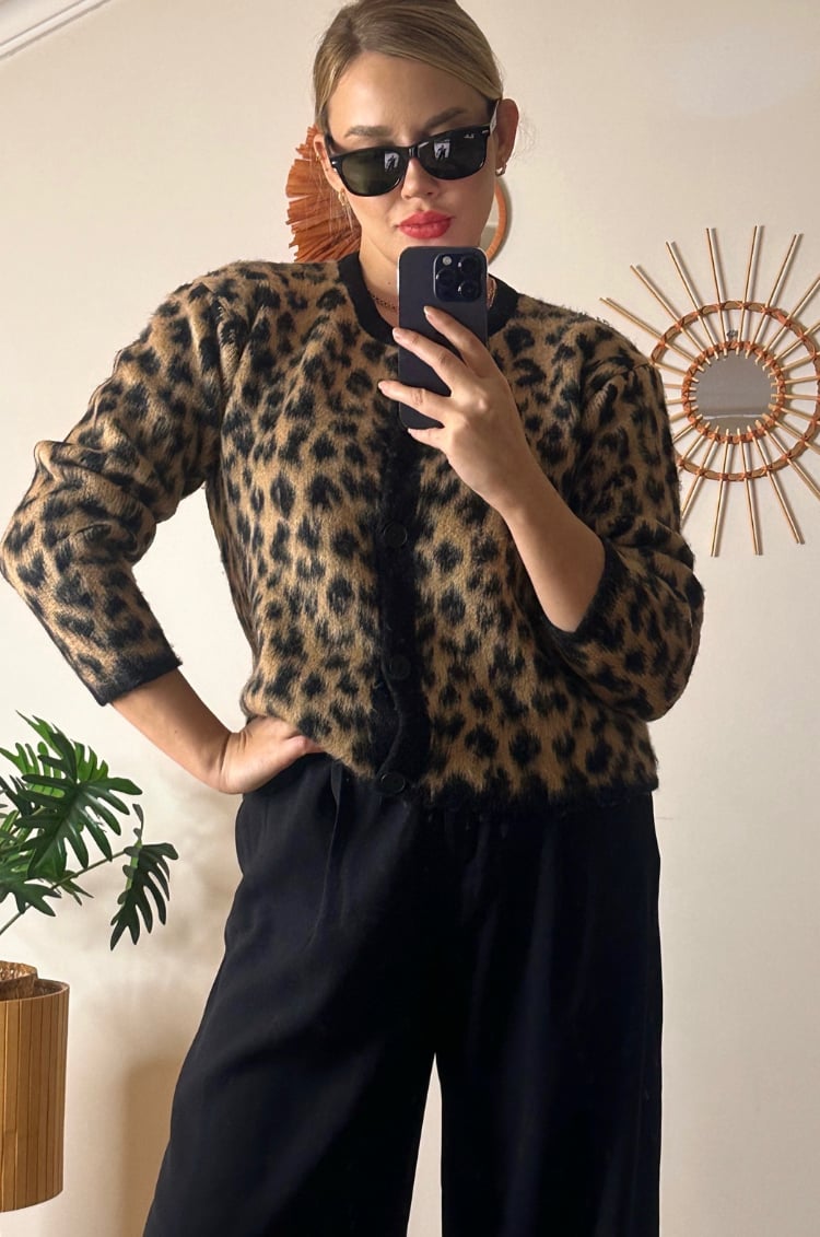 Kahverengi Leopar Desenli Kısa Hırka