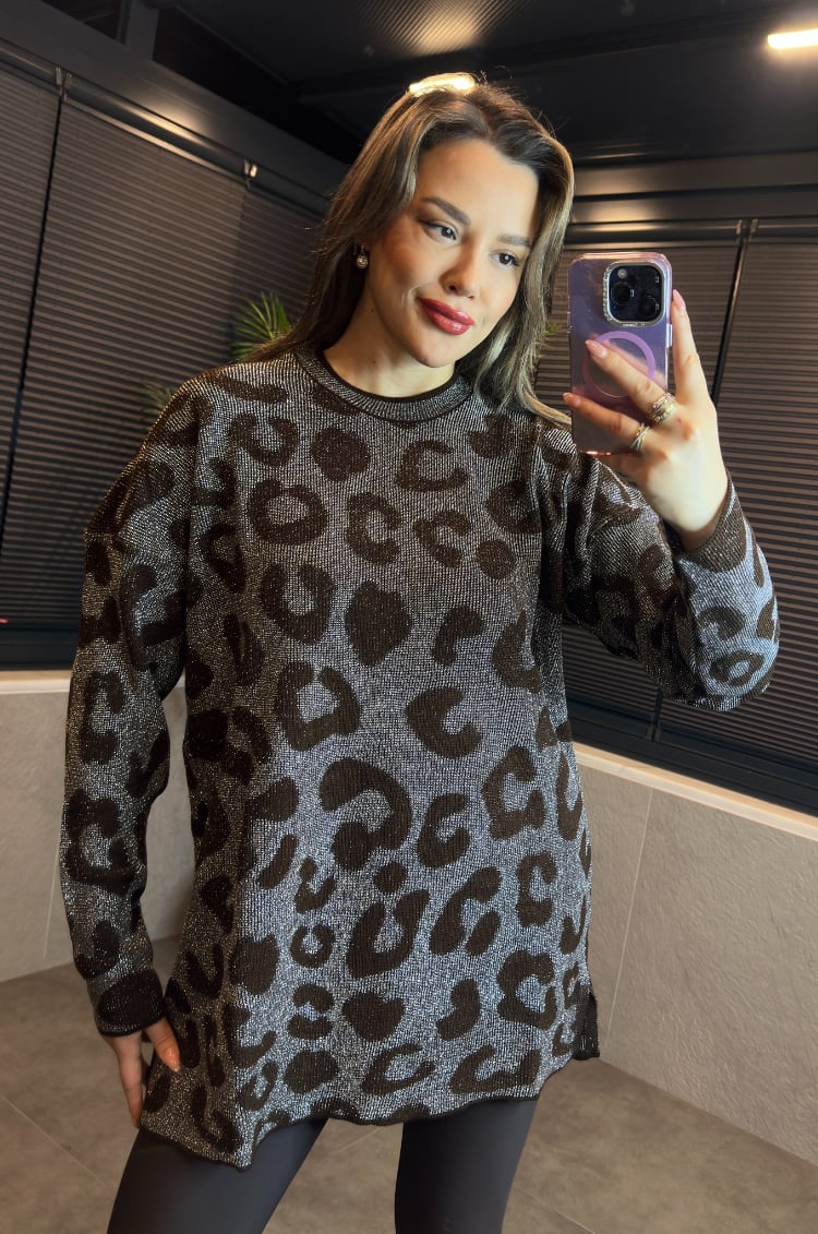 Kahverengi Leopar Desenli Simli Kazak