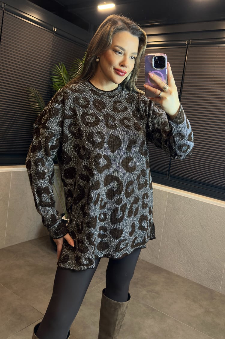 Kahverengi Leopar Desenli Simli Kazak