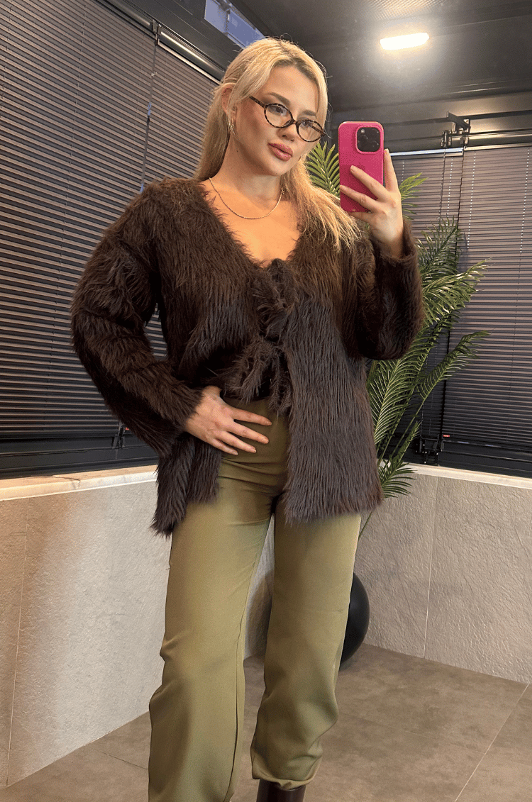 Kahverengi Marka Model Oversize Sakallı Hırka
