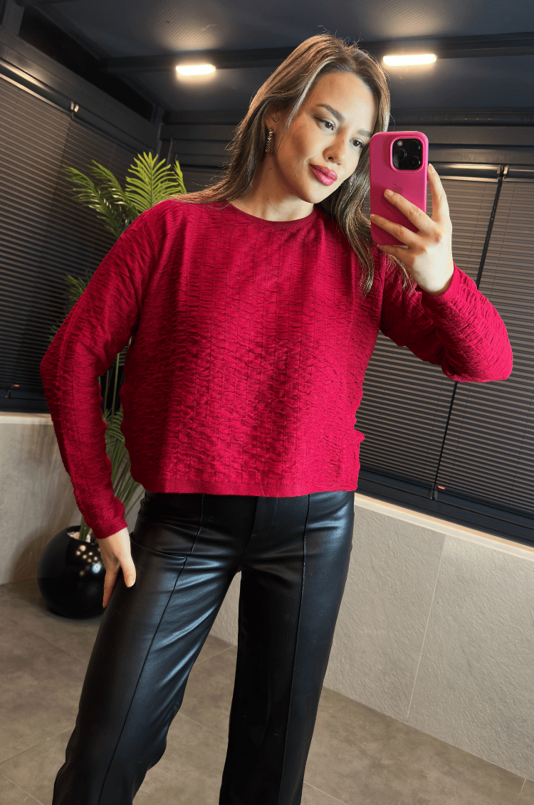Kırmızı Çizgi Detaylı Bürümcük Merserize Kazak