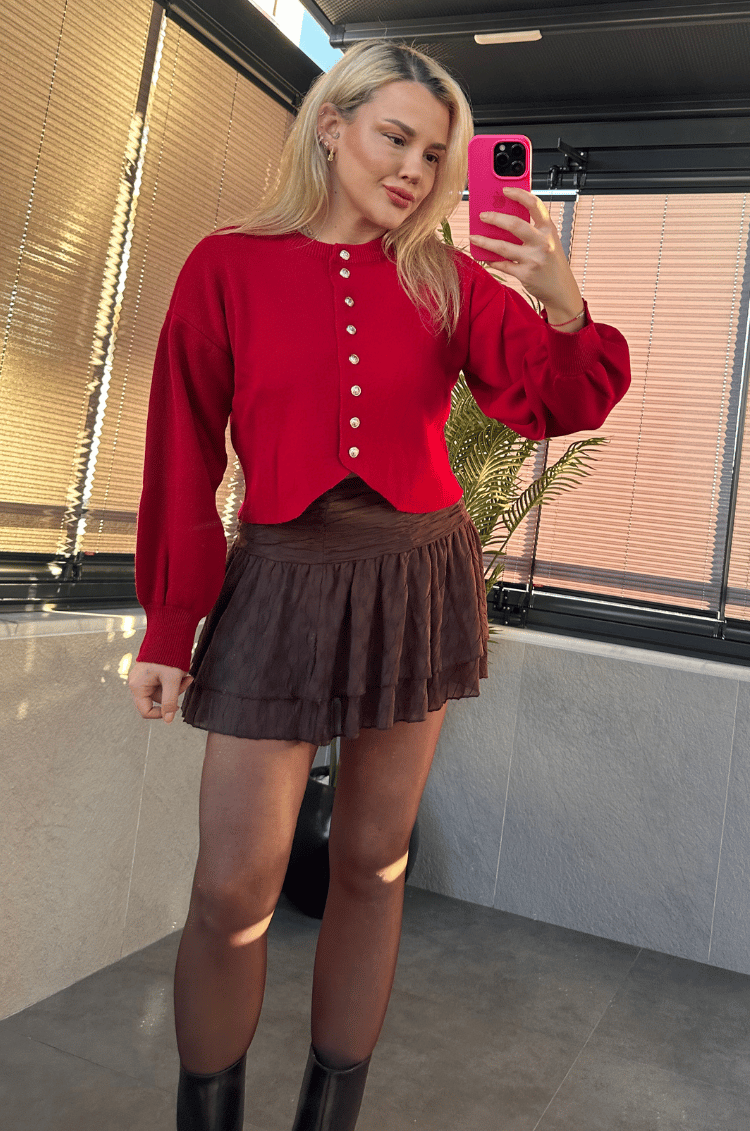 Kırmızı Fit Kesim Crop Hırka