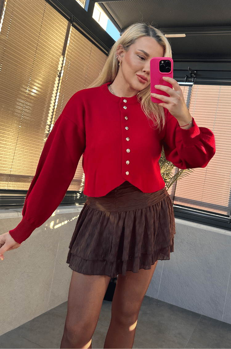 Kırmızı Fit Kesim Crop Hırka