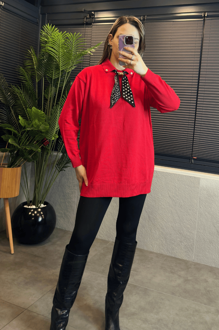 Kırmızı Fularlı Oversize Merserize Kazak