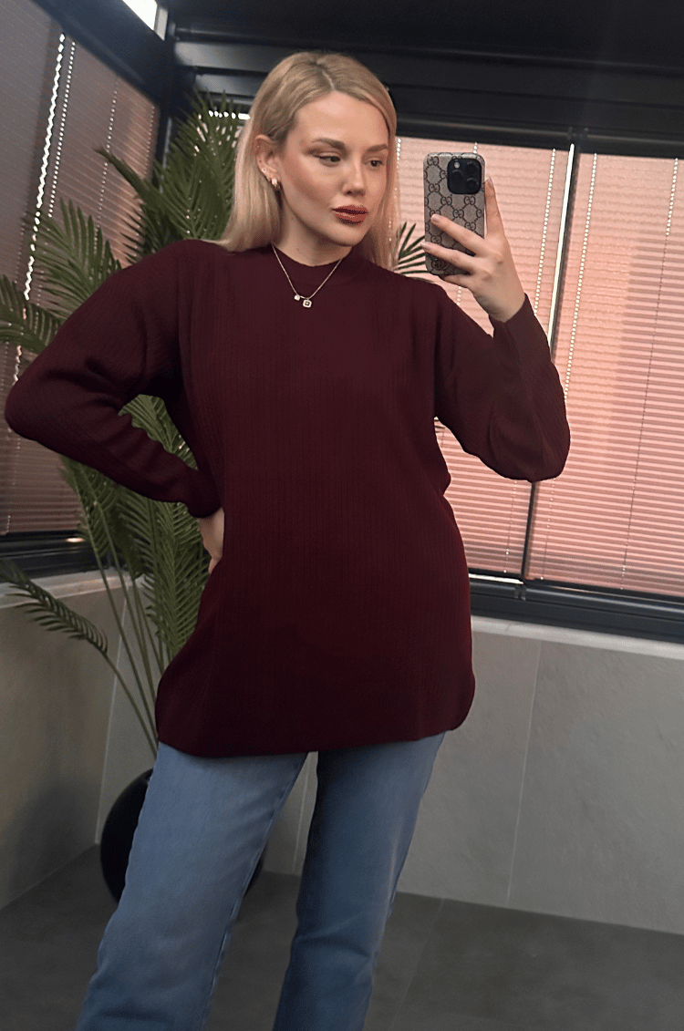 Koyu Bordo Yarı Boğazlı Fitilli Oversize Kazak
