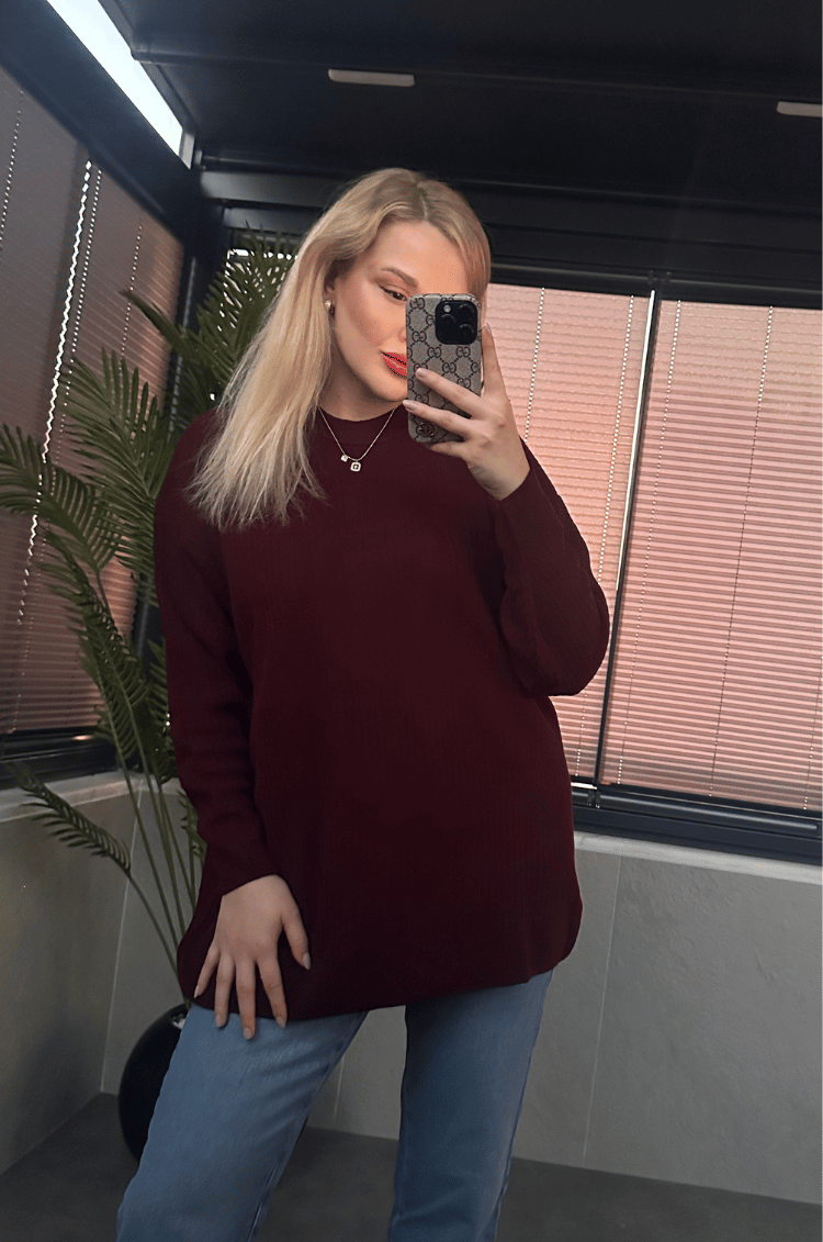 Koyu Bordo Yarı Boğazlı Fitilli Oversize Kazak