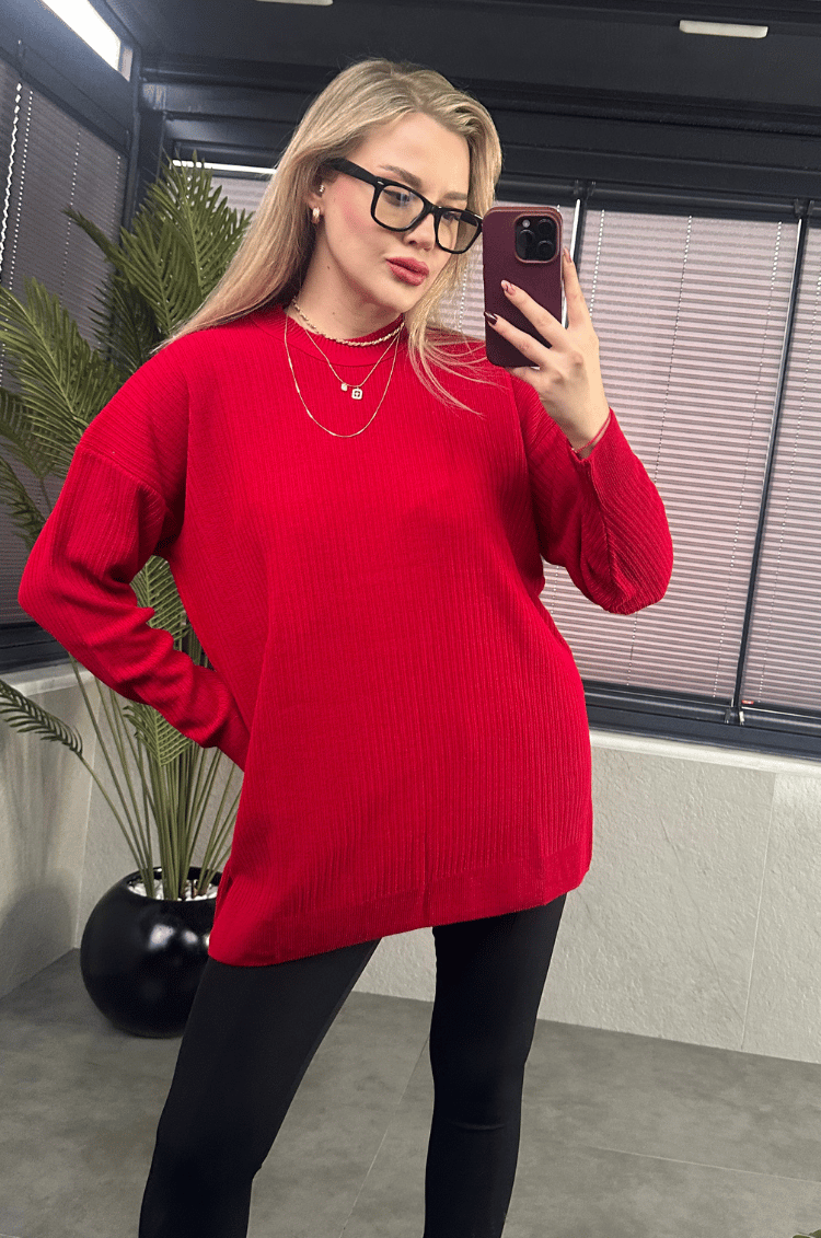 Koyu Kırmızı Yarı Boğazlı Fitilli Oversize Kazak