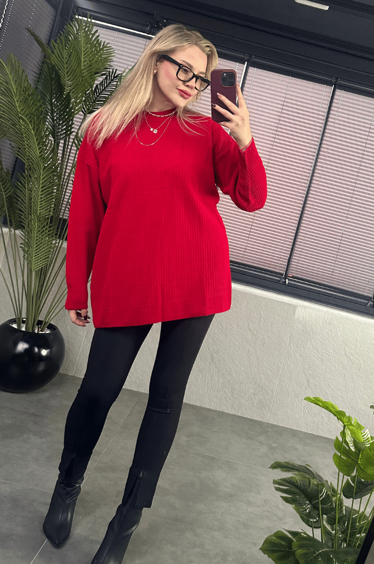 Koyu Kırmızı Yarı Boğazlı Fitilli Oversize Kazak