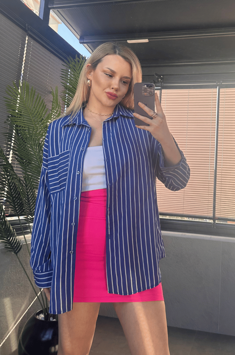 Koyu Mavi Tek Cepli Çizgili Oversize Modal Gömlek