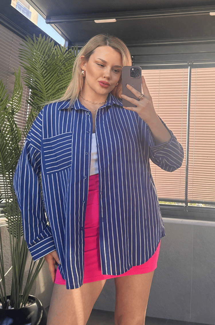 Koyu Mavi Tek Cepli Çizgili Oversize Modal Gömlek
