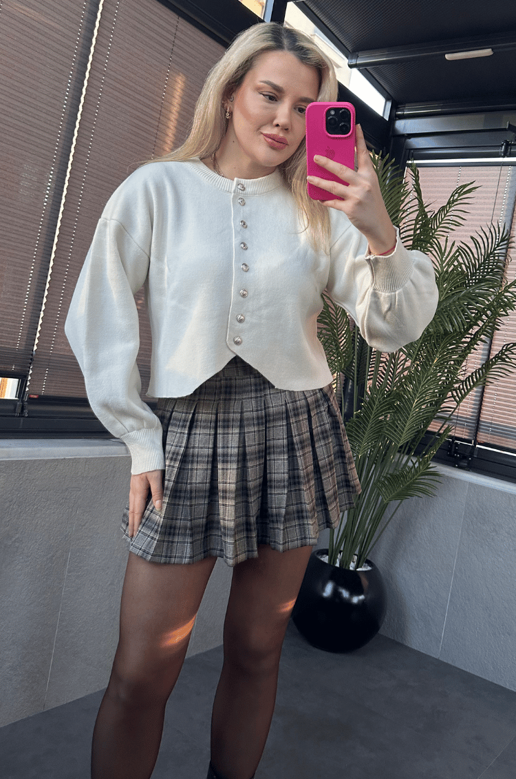 Krem Fit Kesim Crop Hırka