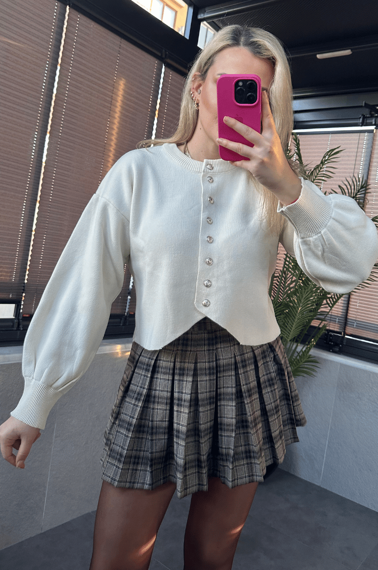 Krem Fit Kesim Crop Hırka