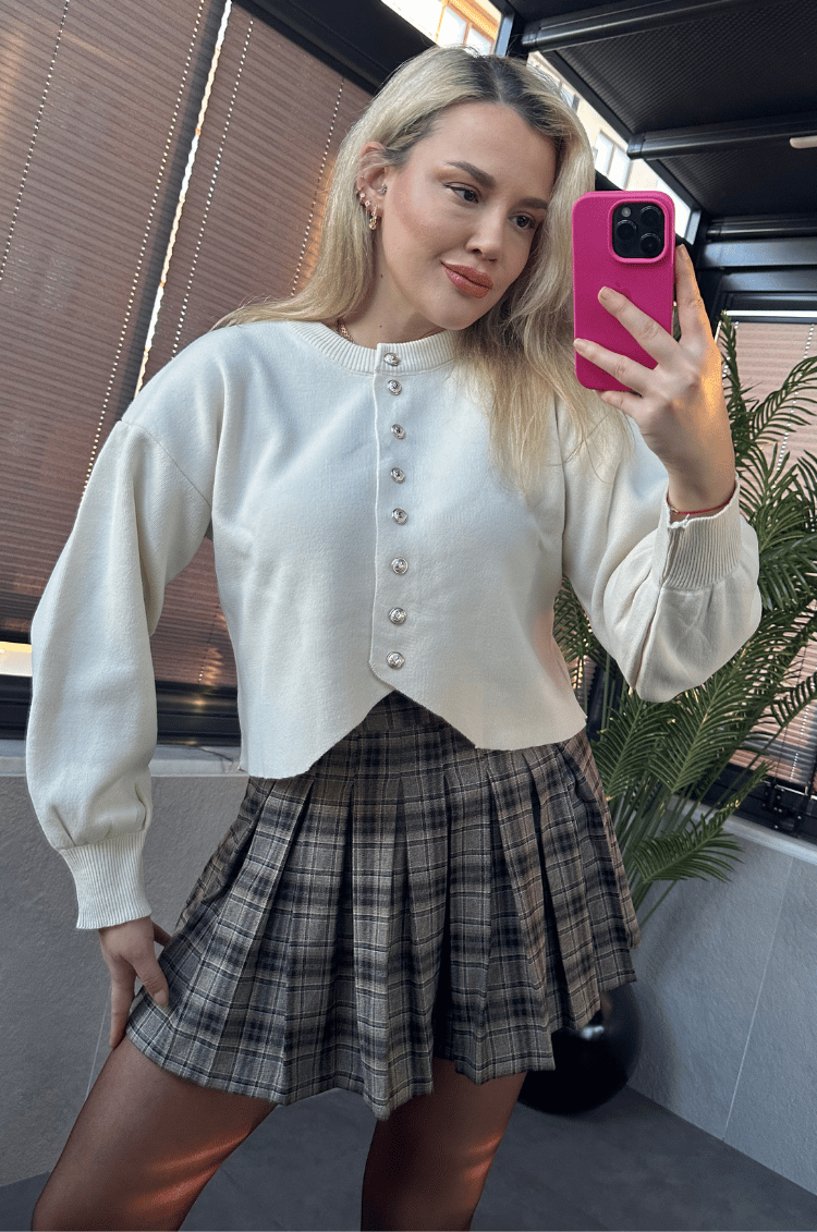 Krem Fit Kesim Crop Hırka