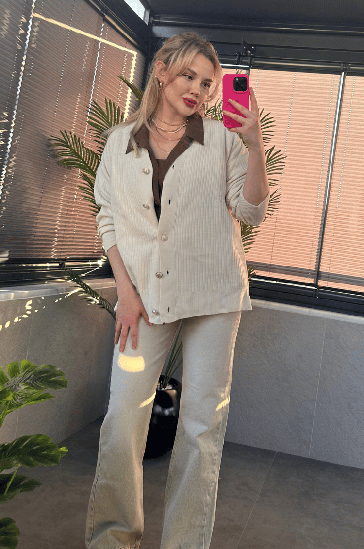 Krem Rengi Fitilli Oversize Basic Örme Hırka
