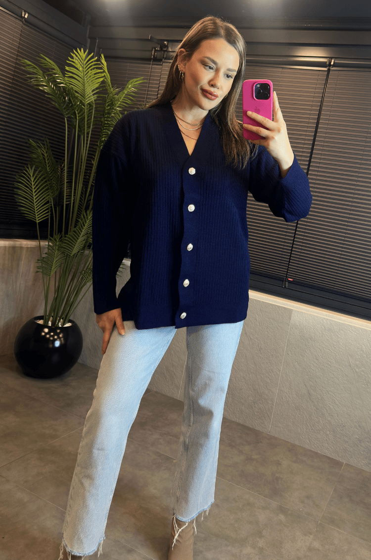 Lacivert Fitilli Oversize Basic Örme Hırka